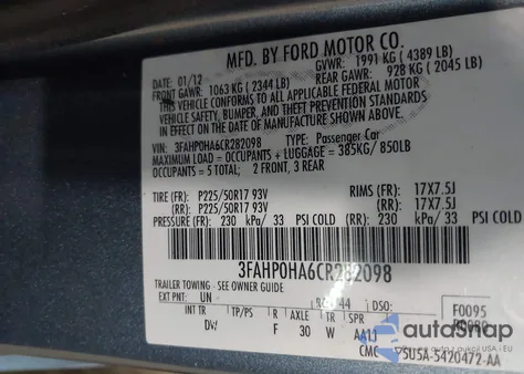 2012 Ford Fusion Se z USA, uszkodzony, nr VIN 3FAHP0HA6CR282098